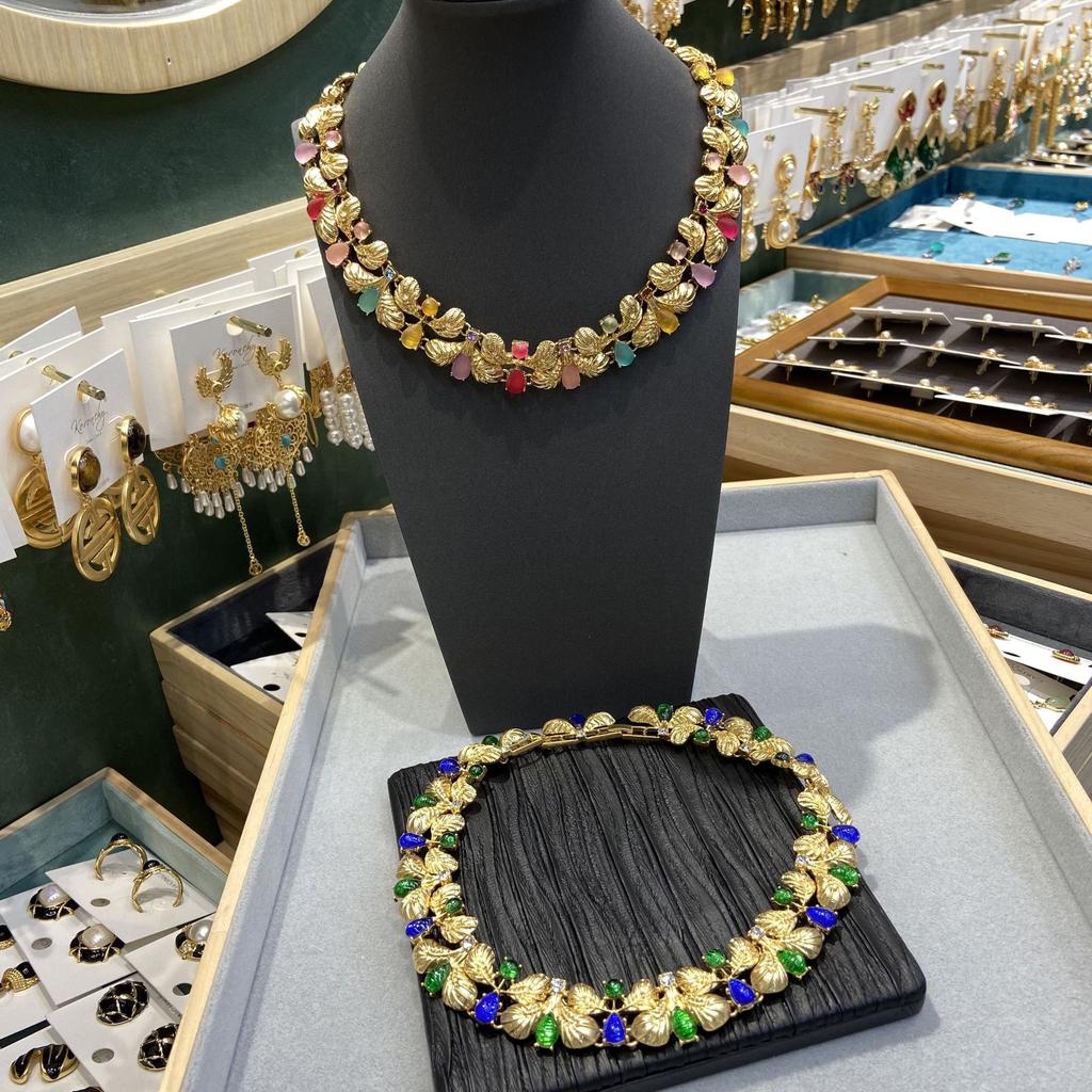 French Vintage Medieval Blue-Green Glazed Banana Leaf Handmade Necklace Copper-Plated Real Gold Colored Necklace Bracelet