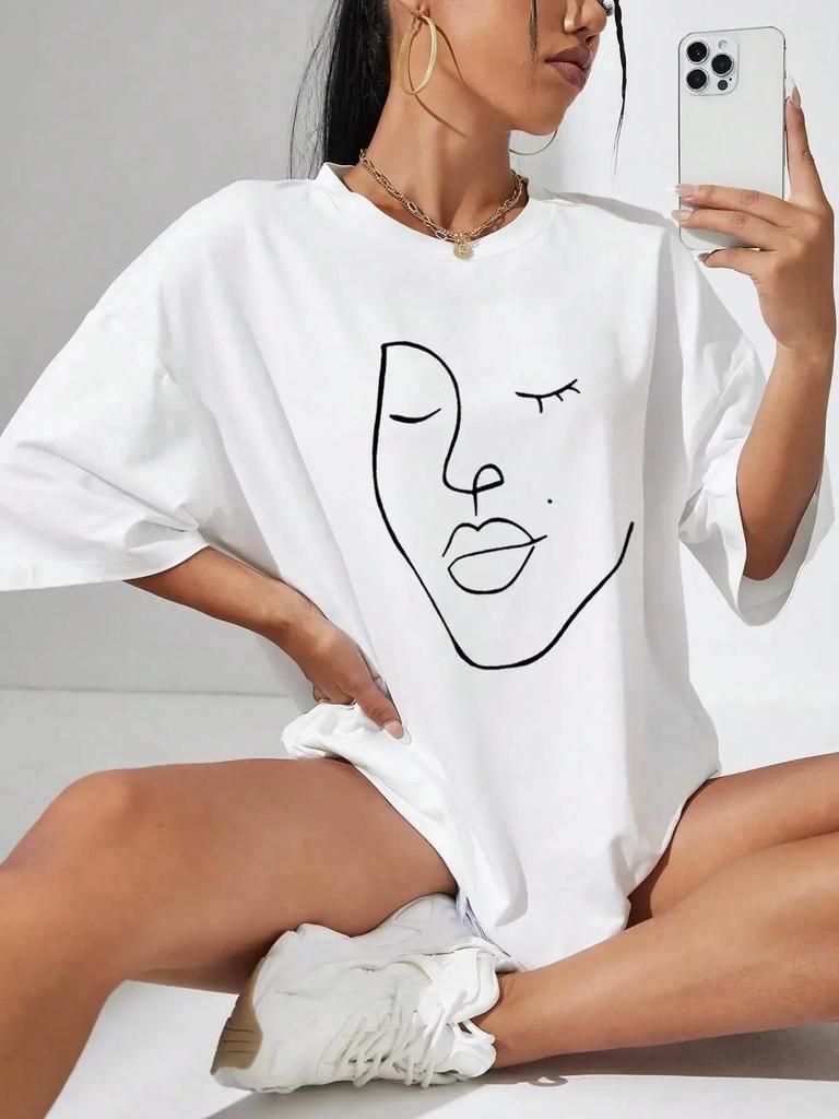 Simple Line Print Women's Face T-shirt Casual Short-sleeved Top  Comfortable Clothing, Harajuku Style Short-sleeved Casual Wear