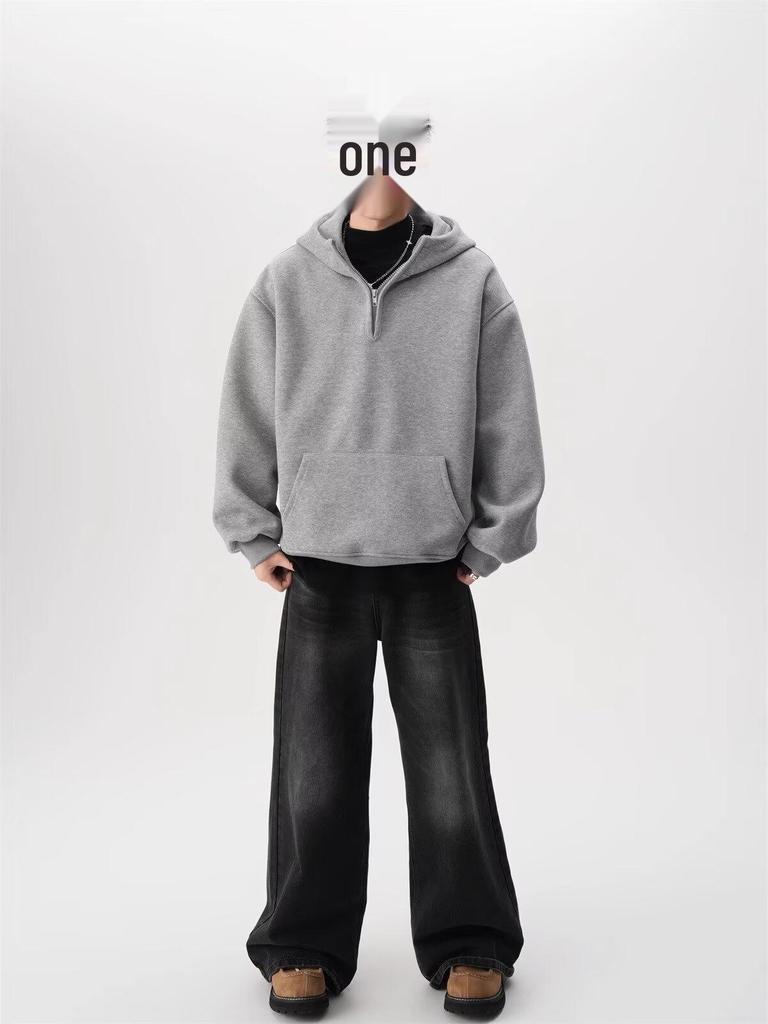 Men's Heavyweight Half-Zip Hoodie: Trendy Spring/Autumn High Street Design, Versatile for Sports & Couples
