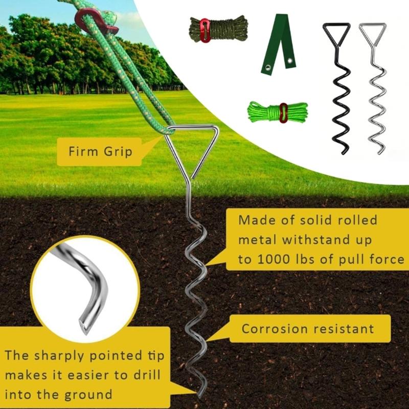 Ground Use Set for Tree Care and Yard Securing, 3 Metal with Soft Ties and Cord Pieces for Tent and Home Use