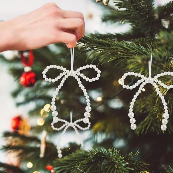 6/12pcs New Hand Woven Imitation Pearl Bow Christmas Decoration Christmas Fringe Pendant Holiday Party Girls Room Decor Supplies