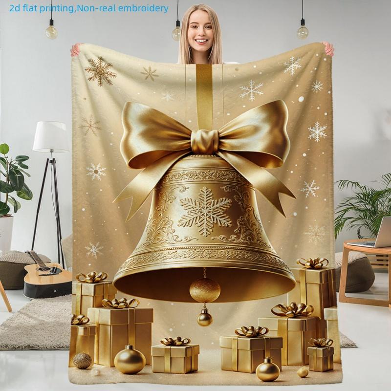 1pc Christmas Golden Bell and Snowflake Print Blanket, Holiday Gift Theme, Multiple Sizes Available, Suitable for Living Room, Bedroom, Study, Office,