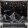 Black White Mountain Waterfall Tapestry Wall Hanging Full Moon Stars Line Art Nature Aesthetic Wall Art Decor