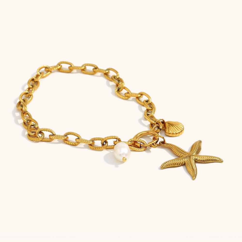 Rz Women's Gold Plated Stainless Steel Charm for Anklet Handmade Starfish Pearl Shell Jewelry Waterproof Non-Fading Accessories