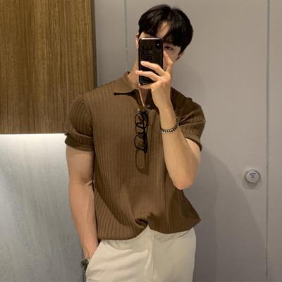 Men's Trendy Loose Fit Hong Kong Style Knitted Polo Shirt - Short Sleeve, Casual Summer Solid Color Sweater T-shirt