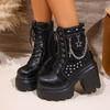 Platform Booties Fashion Round Toe Rivet Metal Buckle Soft Sole Anti-Slip Wear-Resistant High Heels
