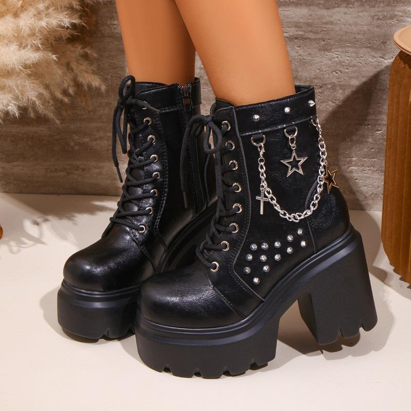Platform Booties Fashion Round Toe Rivet Metal Buckle Soft Sole Anti-Slip Wear-Resistant High Heels