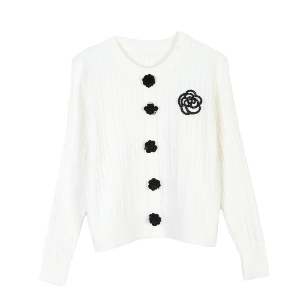 2024 Autumn/Winter Slim Fit Camellia Embroidered Long Sleeve Knit Cardigan for Women