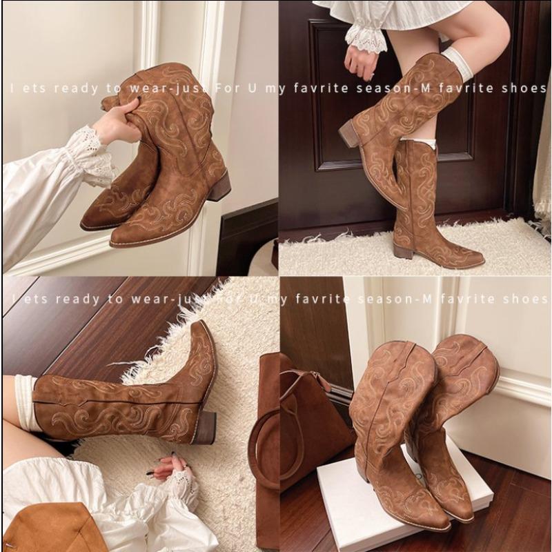 Fashion 2025Autumn Winter Vintage Women Western Cowboy Boots Slip On Thick Heel Shoes Fashion Embroidery Knight Long Botas