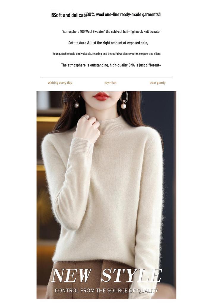 Women's High-Quality Cashmere Wool Sweater, Half-High Neck, Fashionable Slim Fit, Autumn/Winter Collection
