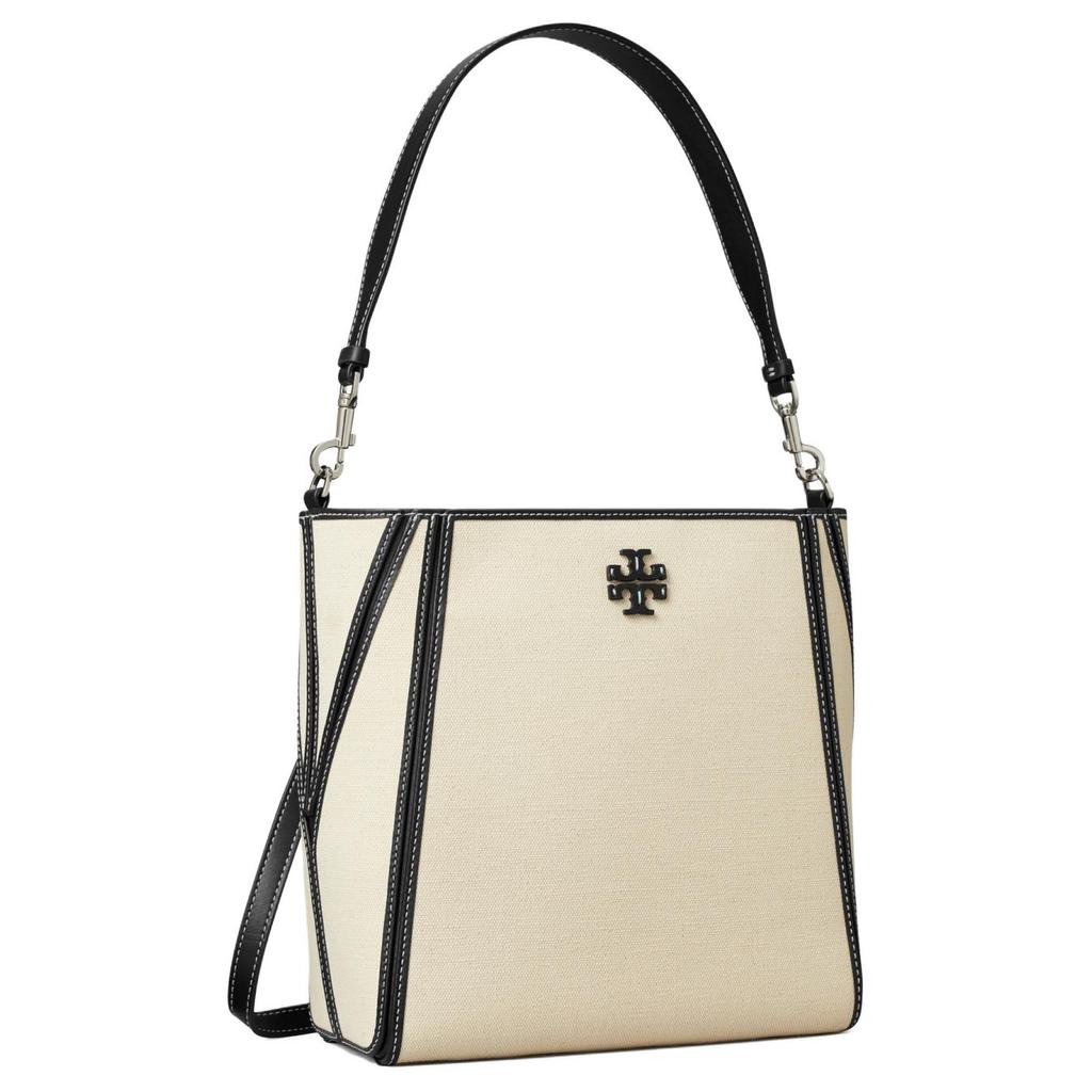 Tory Burch Mcgraw Magnetic Snap And Chain Buckle Canvas With Leather Trim Bucket Bag Women bags Natural Multicolor 158504-254