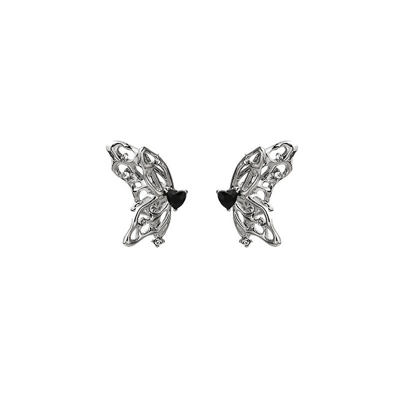 Black Zircon Hollow Butterfly Asymmetric Personality Creative Stud Earrings Fashion Metal Sweet Cool Temperament Stud Earrings