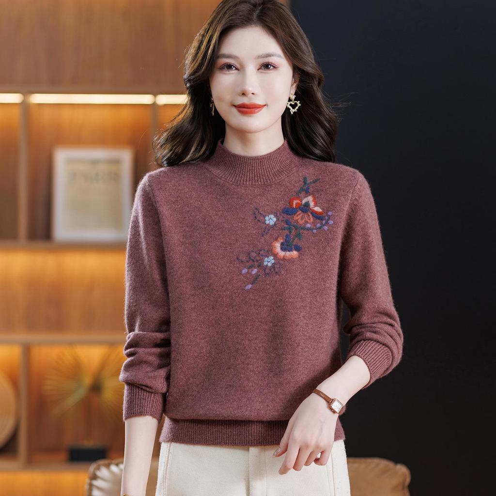 High-Grade Wool Sweater: Semi-High Collar, Fashionable Embroidery, Thick Knit for Middle-Aged/Elderly Women, Winter Warmth.