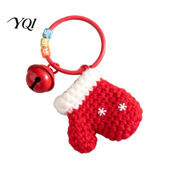 Crochet Christmas Keychain Yarn with Bell, Handmade Tree Hat Glove Wreath Holiday Gift for Friends Key Ring Pendant, Bag Charm Accessory Backpack,