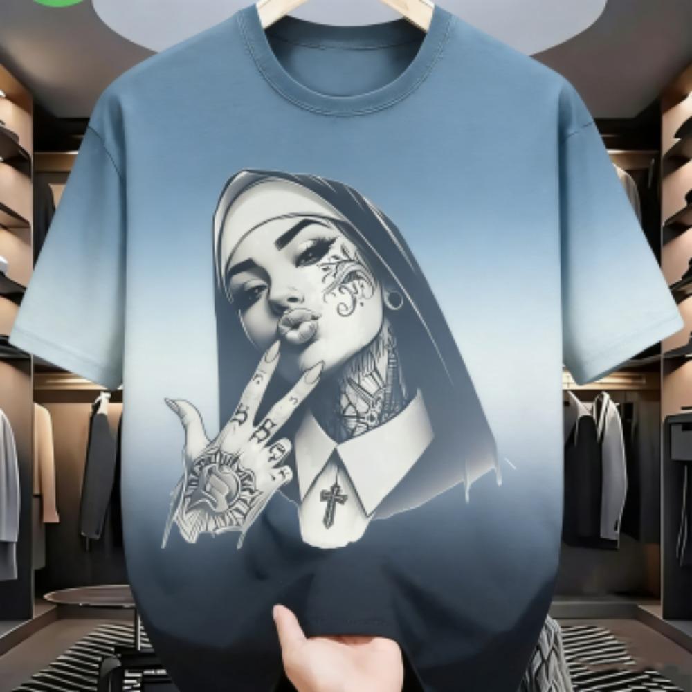 

Summer Fashion Colorful Tattooed Nun Graphic Print Women s T-shirt Summer Casual Loose Short Sleeves Men s and Women s Tees Top XXS