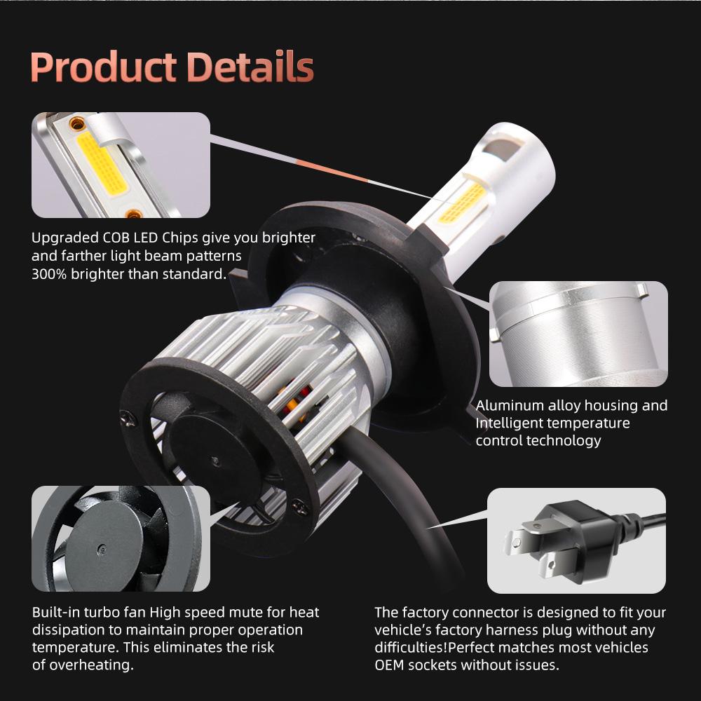 2pcs LED Bulbs Headlights H4 H7 High&Low Beam Lamps 25000LM 6000k white Light Super Brightness 60000hrs Lifespan Plug-N-Play