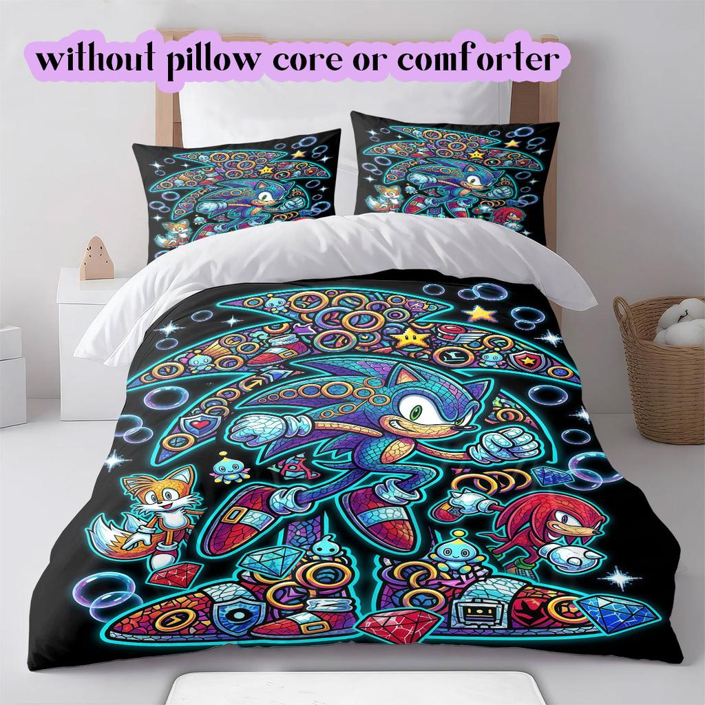 Hedgehog Sonic Deluxe Anime Duvet Cover Set,3 Piece Printed Cartoon Decor,Cool Bedroom Comforter Cover for Modern Home_LIAN