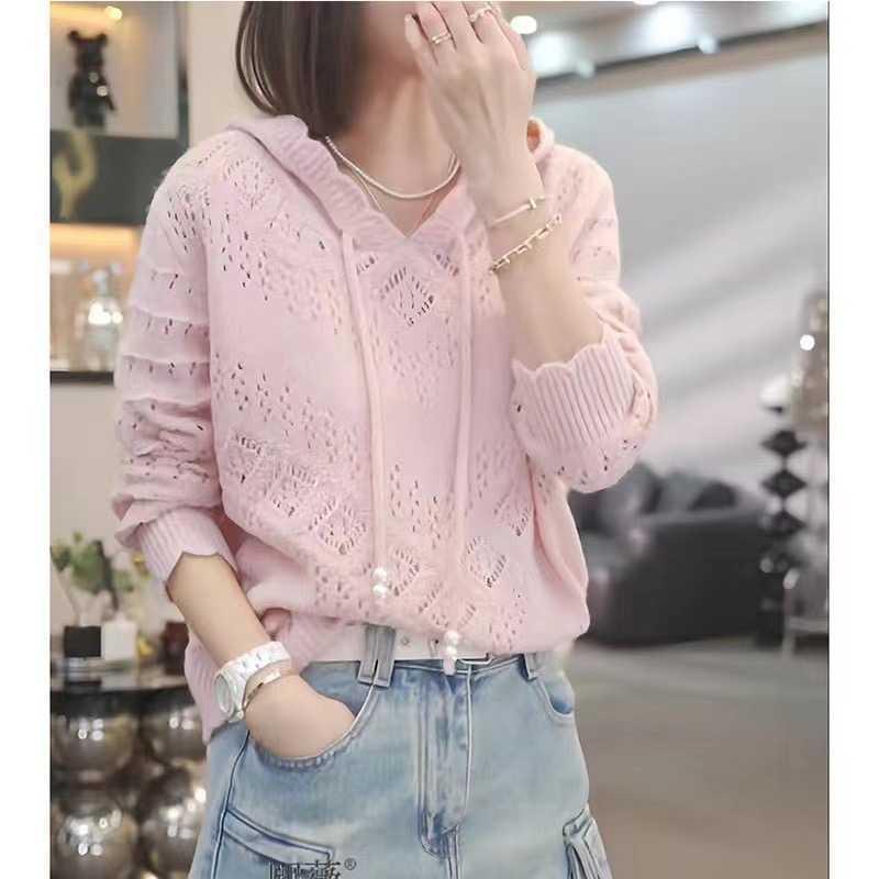 

Новый весенний тонкий однотонный свитер, свободный ленивый топ с длинным рукавом, крючком, цветочным узором, с капюшоном, вязаный свитер для женщин L розовый