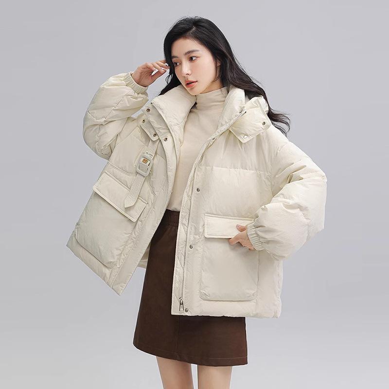 Hooded short down jacket women's 2024 winter fashion design sense warm white duck down small bread jacket