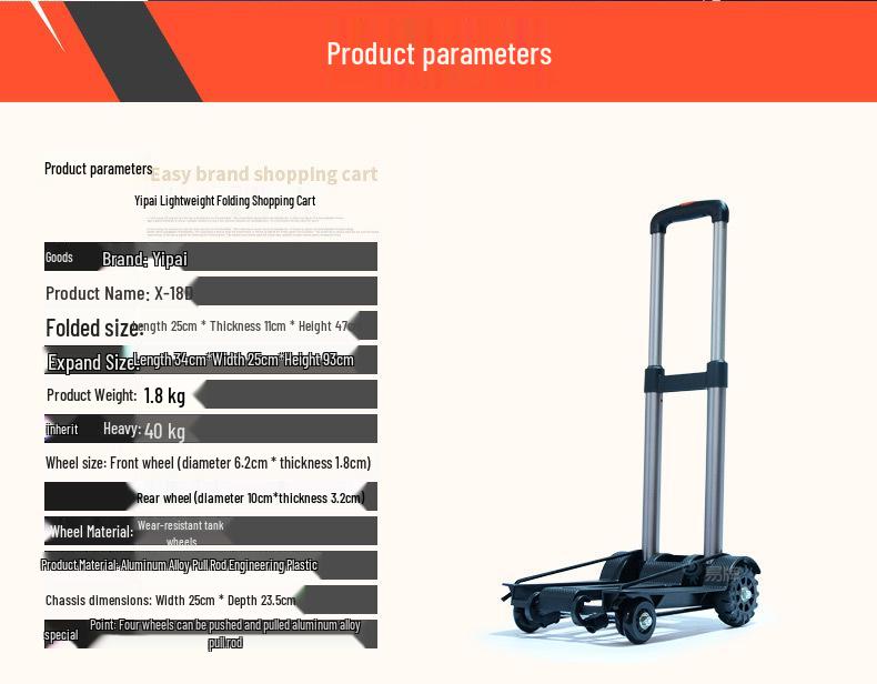 Foldable Grocery Cart with Sturdy Aluminum Pull Rod, Durable Wheels, Lightweight Hand Trolley for Cargo and Luggage