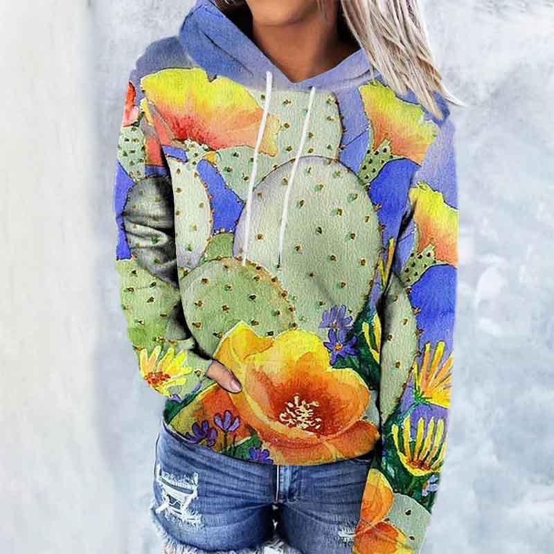 Vintage Printed Hooded Sweatshirt Sportwear Coat for Women 3D Pocket Hoodies Autumn Women's Pullovers
