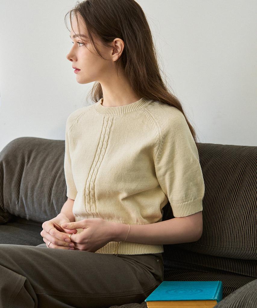 Deuloupisumeon Cable Line Linen Short Sleeve Knit [Sky Blue]