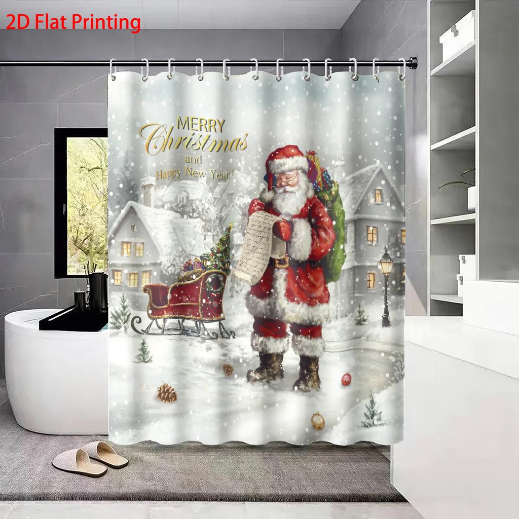 4pcs Merry Christmas Santa Claus Printed Bathroom Set 180x180 Waterproof Shower Curtain Floor Mat Toilet Mat U-shaped Mat