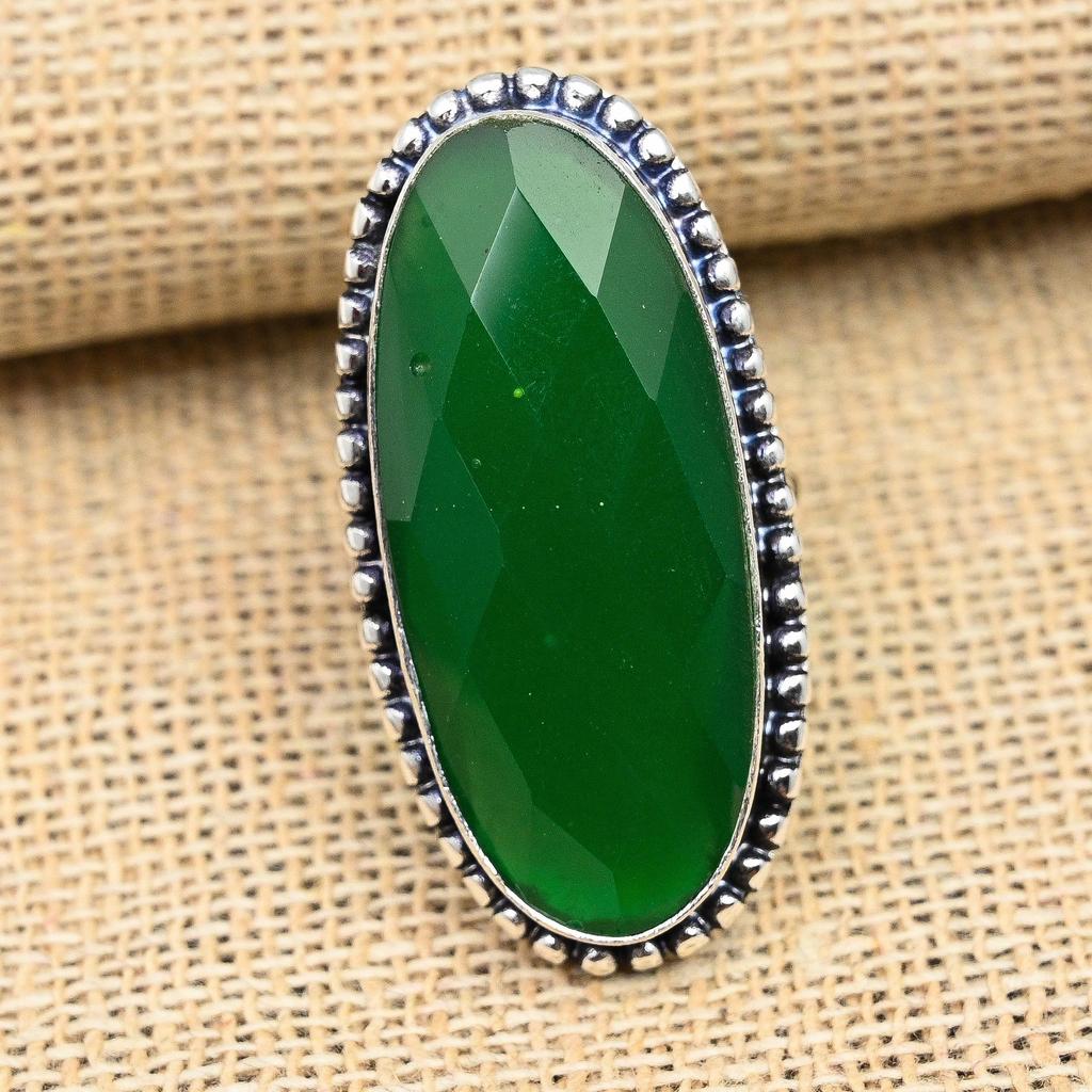 Faceted Green Onyx Gemstone Handmade 925 Sterling Silver Wedding Jewelry Ring