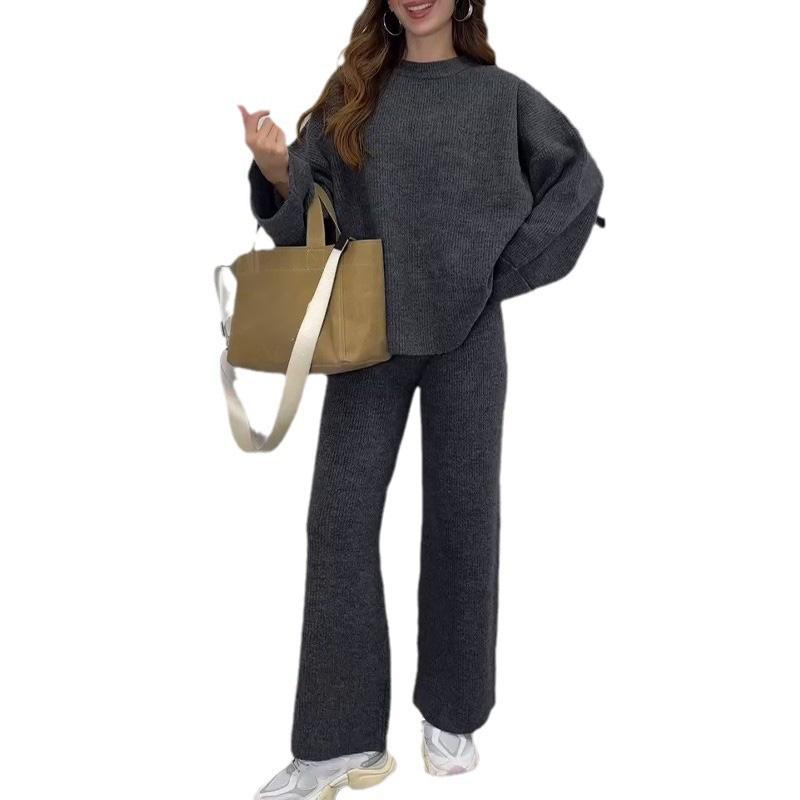 Women Casual Solid Color Knit Sweater Two Piece Set Autumn Winter Thick Round Neck Loose Pullover Wide Leg Pants Matching Sets