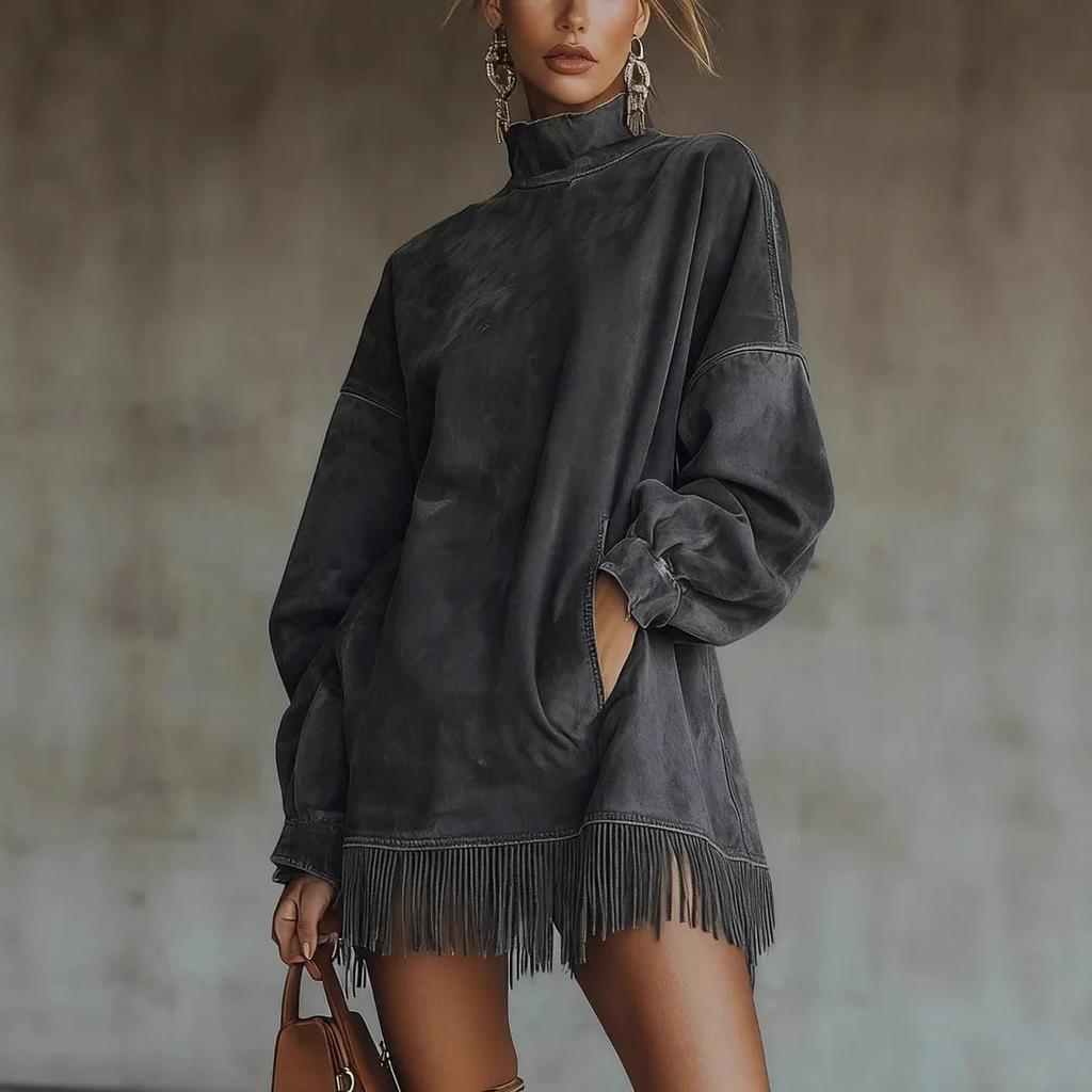 Women Vintage Dress Tassels Spliced Turtleneck Mini Dress Pockets Loose Long Sleeve Vestidos Solid Elegant Streetwear Autumn