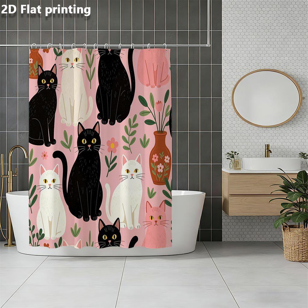 Cute Cat Pattern Shower Curtain, Pink Background Black White Kitten Waterproof Bath Curtain, Pet Lover Bathroom Decor