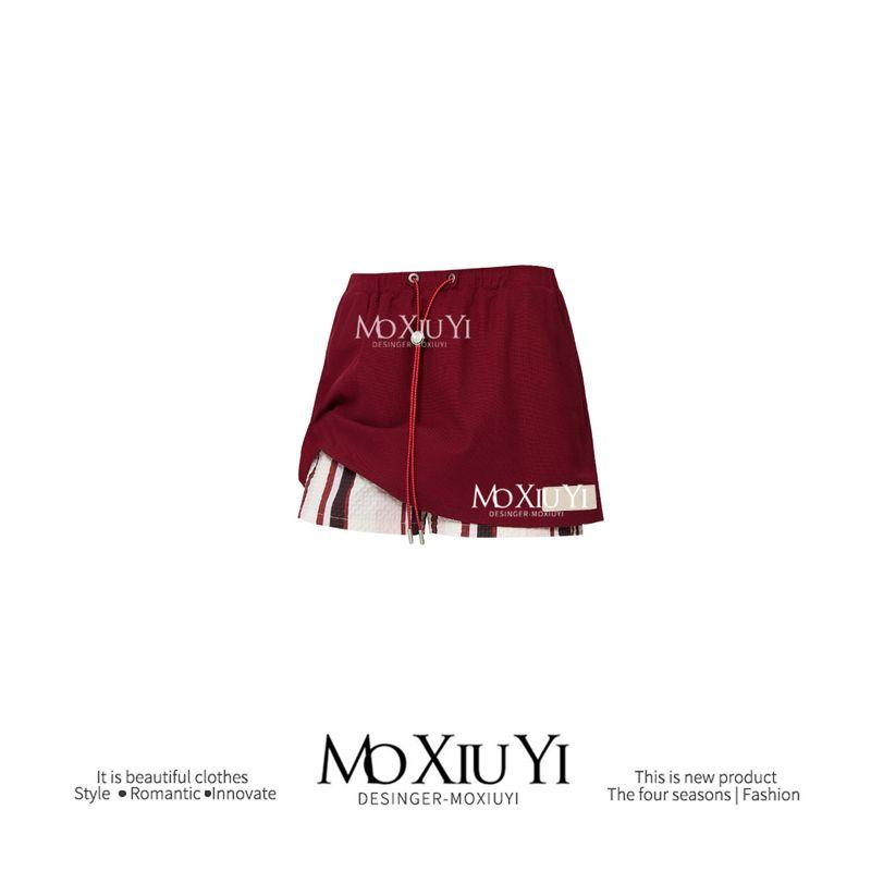 

Moxiuyi Stu [In Stock] Summer Thin a Swing Red Deconstruct Stripes Short Stitching Casual Culottes Female Red S