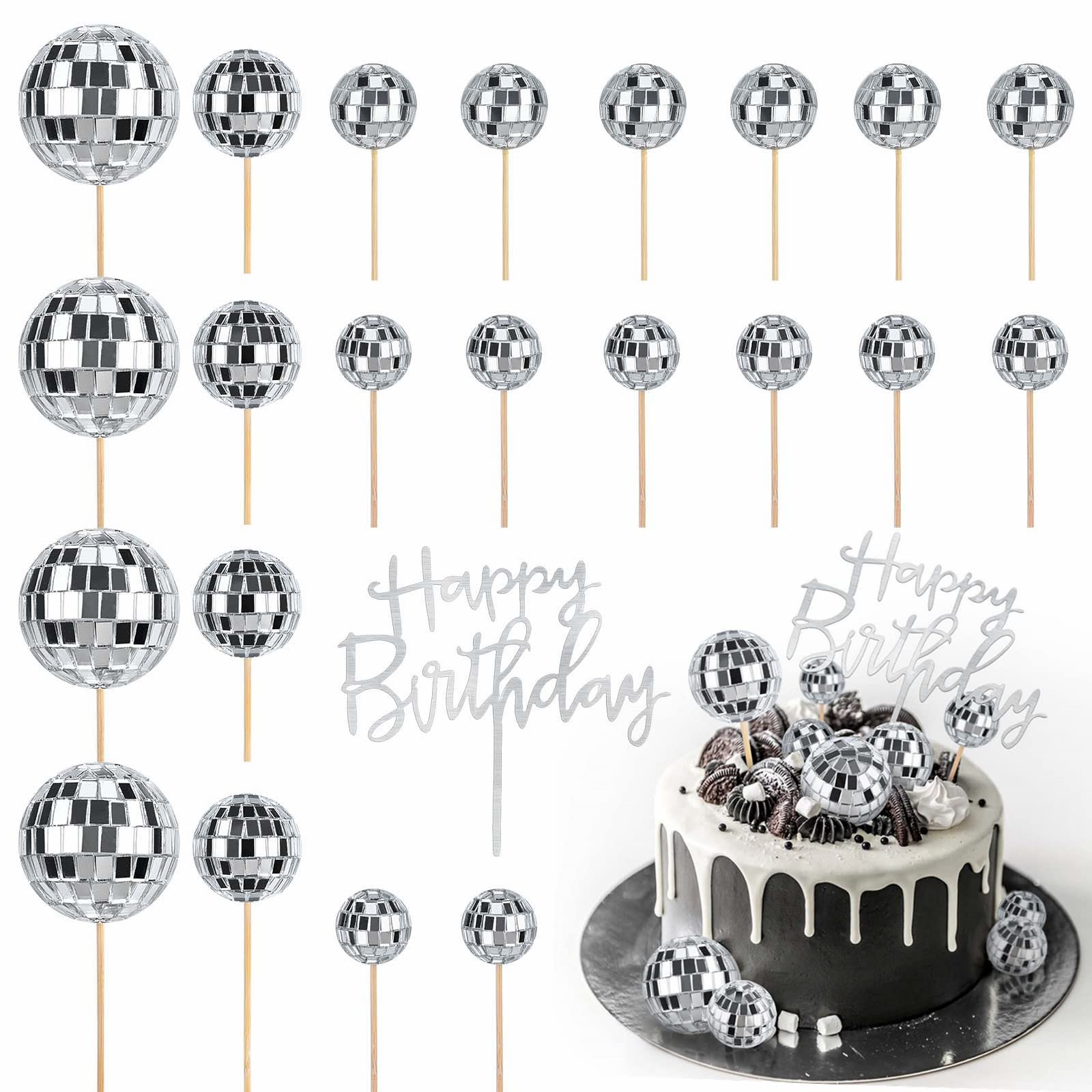23pcs Glitter Ball Toppers Disco Party Decorations Silver Happy Birthday Card Cake Topper for Disco Theme Party 70s Disco Party