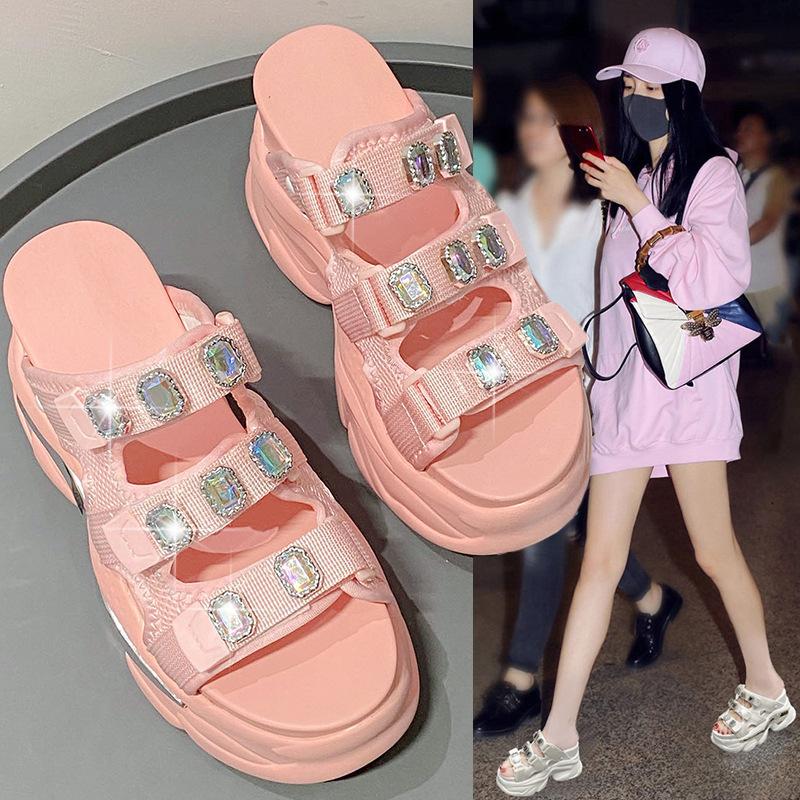 Fashion European Rhinestone Buckle Thick Bottom Higher Slope Heel Sponge Cake Casual Women's Summer New High Heel Sandals Slippers