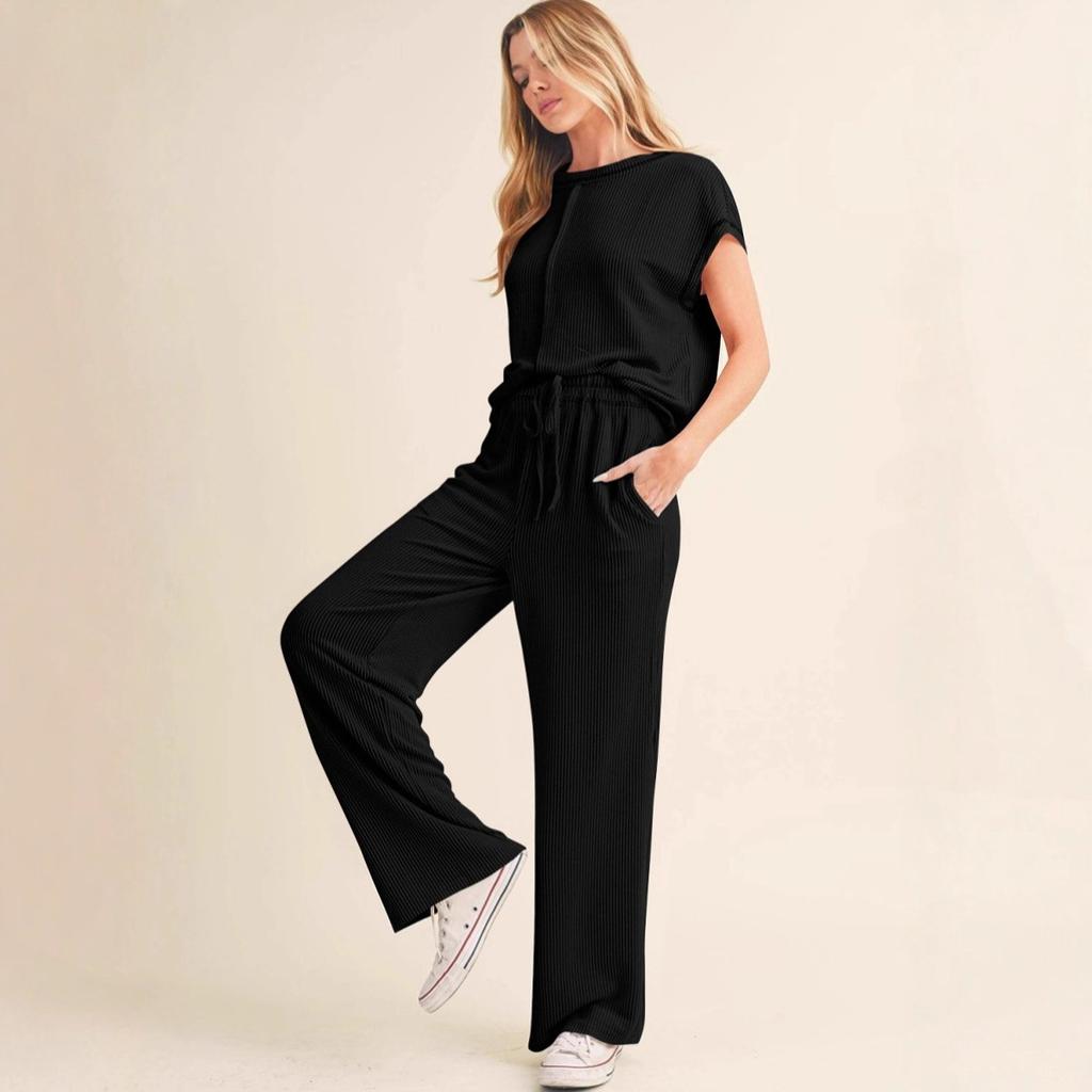 Damen Entspannter Zweiteiler Outfit Kurzarm Oberteil Kordelzug Taille Weiter Bein Passendes Set
