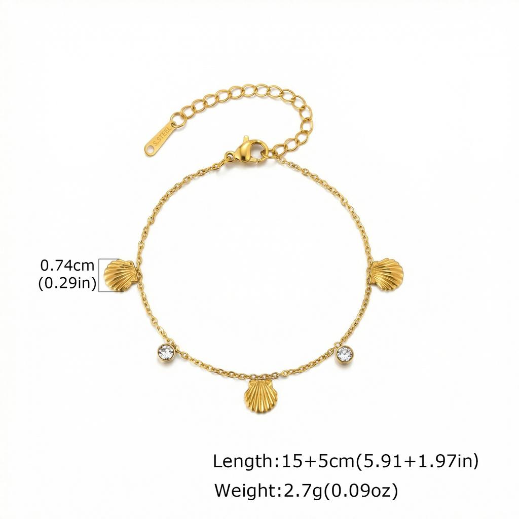 Fashion Charm Zircon Shell Conch Pendant Bracelets Necklace for Women, Stainless Steel Summer Beach Jewelry Set Accessories