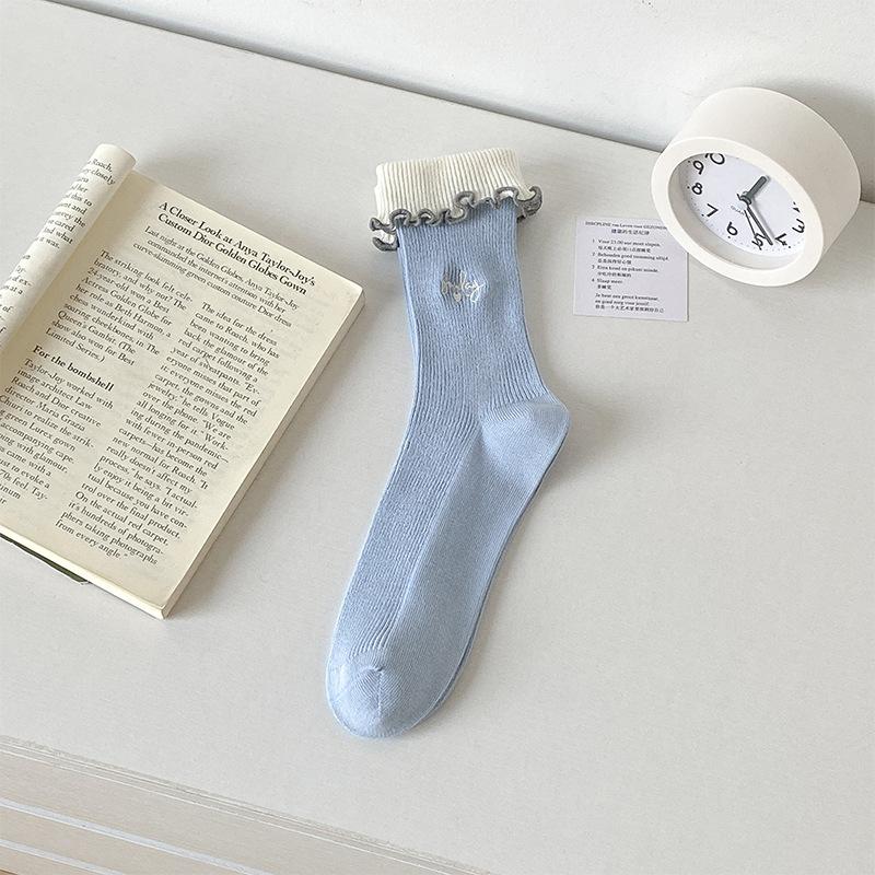 5 Pairs of Women's Spring and Summer Breathable and Versatile Black Fungus Flanged Long Tube Stack Socks