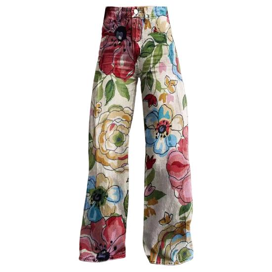 Damen Retro Freizeithose Mittelhoher Schnitt Knopf Reißverschluss Weites Bein Lange Hose mit Taschen Digital Floral
