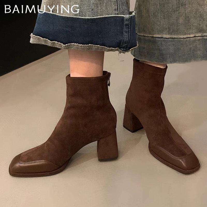 Square Toe Women Ankle Boots Suede Elegant High Heels Shoes 2025 Trend Winter Fashion Chunky Pumps Classic Goth Chelsea Botas