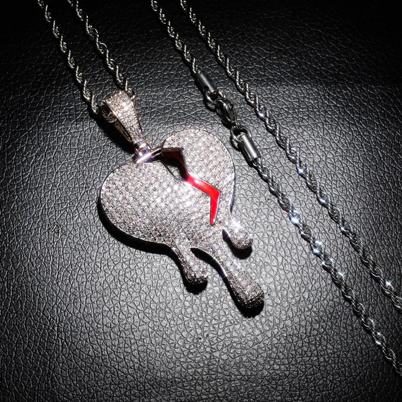 Broken Heart Pendant Necklace Hip Hop Style Full Zircon Water Drop Shape Gold