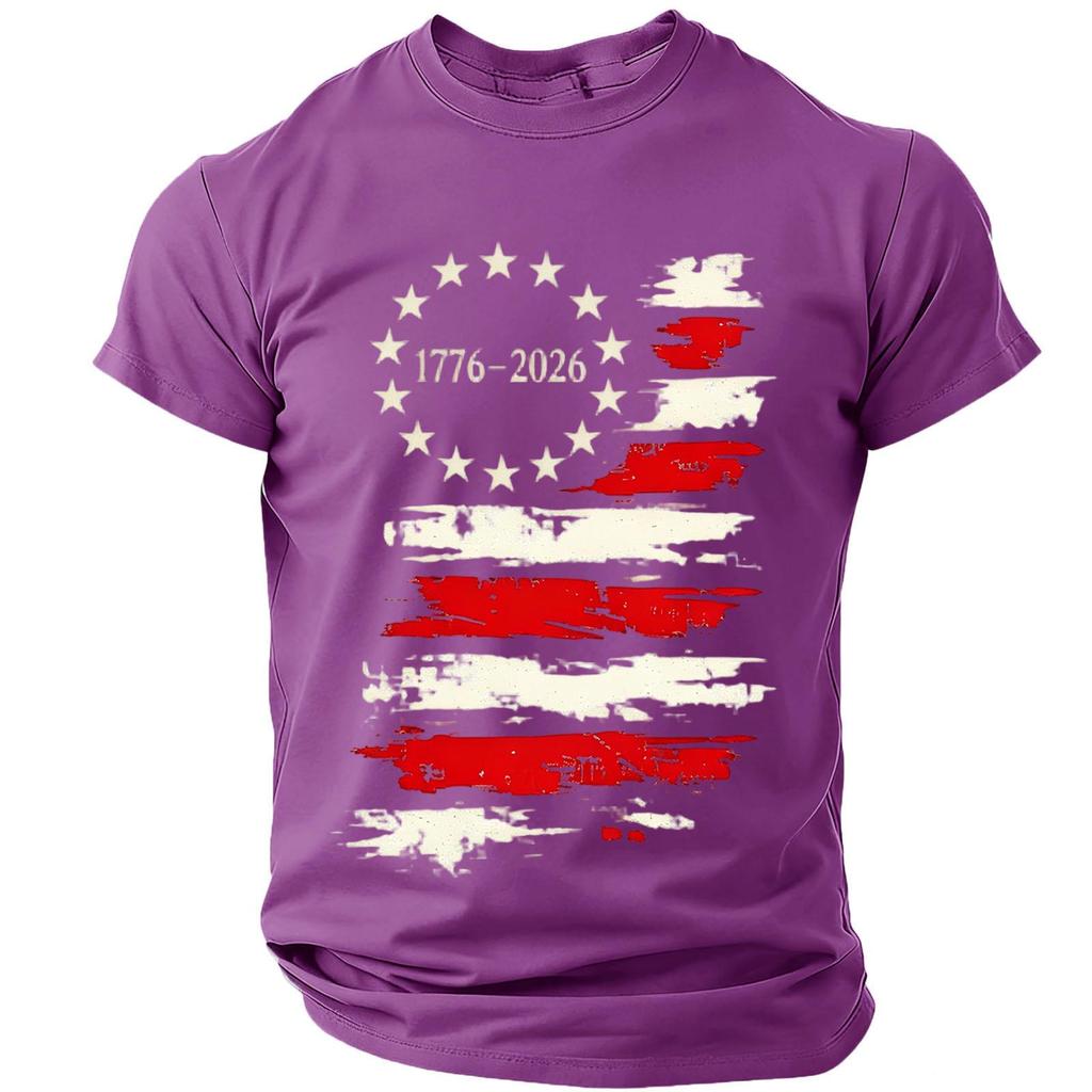 Men’s Short Sleeve Crew Neck T Shirt with Distressed Flag Print 776–2026 Graphic for Everyday Wear