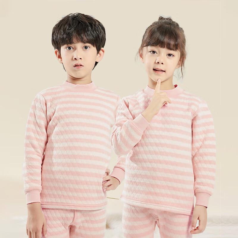 Langsha Girls' Half-High Collar 3-Layer Cotton Thermal Underwear Set