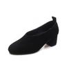 Women's Shoes Early Spring New Casual Round Head Thick Heel Black Sheepskin Thin One-pedal Middle Heel Single Shoes
