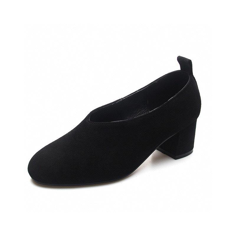 Women's Shoes Early Spring New Casual Round Head Thick Heel Black Sheepskin Thin One-pedal Middle Heel Single Shoes