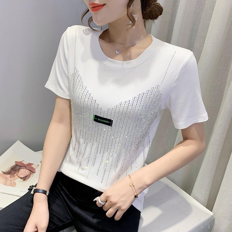 Women Casual Solid Color O-Neck Letter Labels T-shirt Summer Diamond Short Sleeve Shirts Fashion Streetwear Tees Top