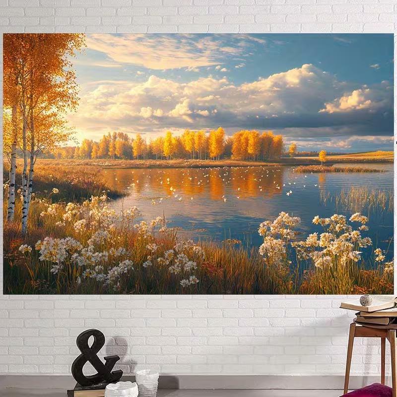 

2D Scenic Autumn Tapestry, Lake with Golden Trees, Wild Flowers and Sunset Clouds 47.2x31.5inch/120*80cm