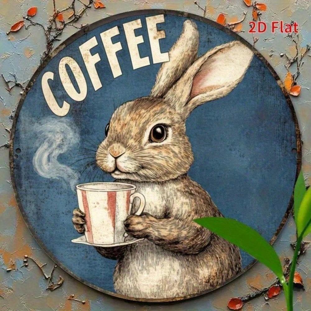 Vintage Kaninchen Kaffee Metallblechschild, 8x8 Zoll Rundes Wanddekor für Bar Café, Haustier Tier Kunstdruck