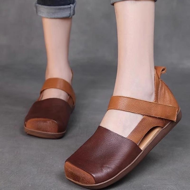 Color matching square head women's sandals new summer hollow single shoes ins trendy versatile niche flat leather shoes