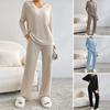 2 Pcs/Set Sweater Pants Suit Thread V Neck Solid Color Knitted Loose Pockets Elastic Waist Casual Soft Wide Leg Homewear Fall Winter Pajamas Set