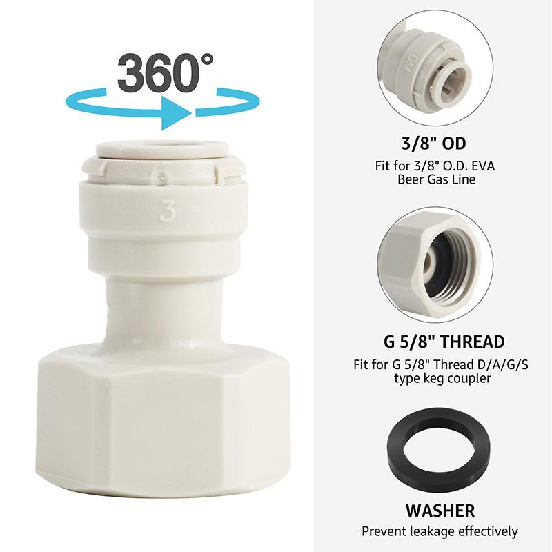 Conector rápido para tubería, ajuste a presión de 3/8'' x rosca hembra de 5/8'', conector rápido adaptador de manguera, uso para acoplador de barril y espiga de grifo de cerveza